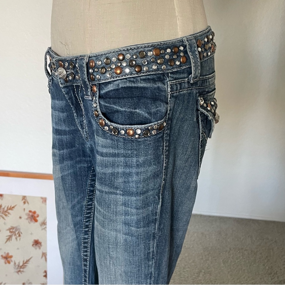 SOLD Y2K Miss Me Cowgirl Biker Studded Rhinestone Low Rise Boot Cut Jeans - Picture 4 of 12